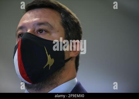 Palermo, Italien. April 2021. Matteo Salvini, Leiter der Lega, während der Pressekonferenz in Palermo. (Foto: Antonio Melita/Pacific Press) Quelle: Pacific Press Media Production Corp./Alamy Live News Stockfoto