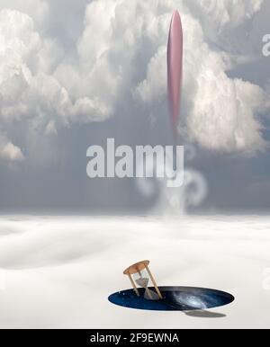 Alien-Raumschiff in surrealen Planeten. Rundes Loch mit Blick auf das Universum. 3d-Rendering. Stockfoto