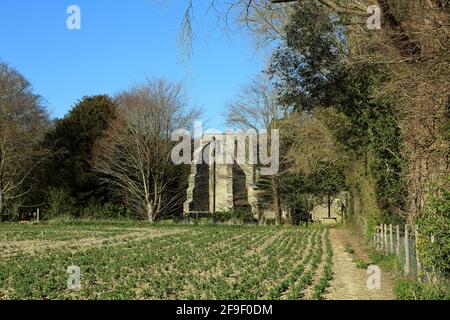 Blick auf die St. Mary's Church von Field, The Street, East Brabourne, Ashford, Kent, England, Vereinigtes Königreich Stockfoto