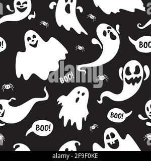 Niedlichen Geist boo Urlaub Charakter nahtlose Muster flachen Stil Design Vektor Illustration Set isoliert auf dunklem Hintergrund. Halloween Spukboo gespenstisch Stock Vektor