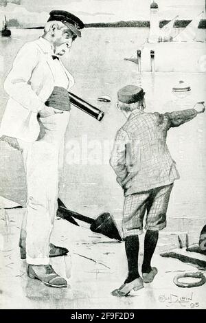 Die Bildunterschrift für diese Illustration von 1895 lautet: Little Trevor antwortete, indem er die Liste aller Hausflaggen, die an den Anlegeplätzen in Sicht waren, von einem unqualifizierten Piloten von Rudyard Kipling, der 1895 veröffentlicht wurde, abrollte. Diese Geschichte basiert auf etwas, das vor vielen Jahren im Hafen von Kalkutta geschah, bevor drahtlose Telegrafie auf Schiffen verwendet wurde, Und Männer und Jungen waren weniger leicht zu fangen, als sie einmal in einem Schiff waren. Joseph Rudyard Kipling (1865 – 1936) war ein englischer Kurzgeschichtenautor, Dichter und Romanautor. Er schrieb Geschichten und Gedichte britischer Soldaten in Indien und Geschichten für Kinder. Stockfoto