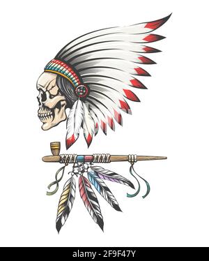 American Indian Chief Skull in traditionellen Federn Kopfbedeckung und Rauchpfeife. Vektorgrafik. Stock Vektor