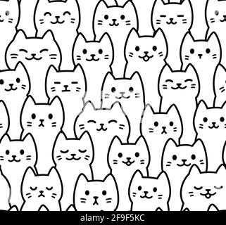 Niedliche Cartoon Doodle Katzen Muster. Handgezeichnete schwarz-weiße Linienkunst, Kawaii-Katzengesichter. Nahtloser Hintergrund, Vektorgrafik. Stock Vektor