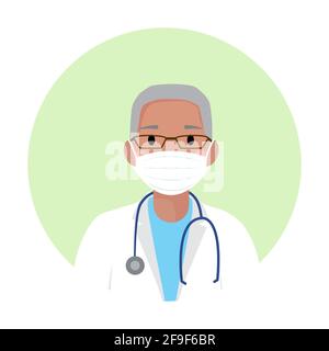 afroamerikanischer Arzt in medizinischer Schutzmaske gegen Covid-19. Schwarzer Arzt mit Brille, Stethoskop und weißem Mantel. Afroamerikanischer Arzt in Stock Vektor
