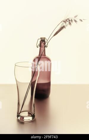 Das Konzept der selbstgemachten Naturbierproduktion ohne Zusatzstoffe. Umweltfreundliche Zusammensetzung mit leerem Bierglas mit Ohren aus Roggen und Weizen und einem ma Stockfoto