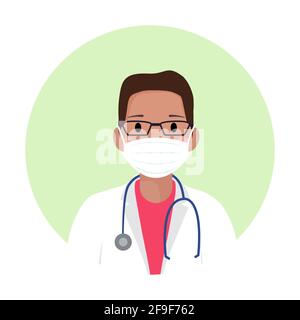 Afro-amerikanischer Arzt-Avatar in medizinischer Schutzmaske gegen Covid-19. Schwarzer Arzt mit Brille, Stethoskop und weißem Mantel. Website oder App Stock Vektor