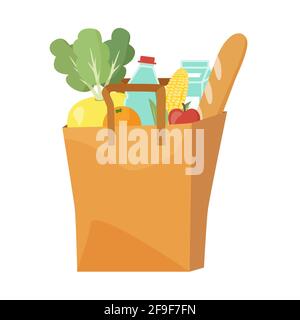 Papiertüte voll mit Wasser, Milch, Brot, Apfel, Orange, Mais. Konzept für die Lebensmittelzustellung. Editierbare Vektordarstellung auf weißem Hintergrund. Für das Internet Stock Vektor