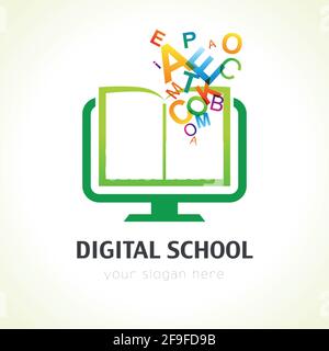 Digitale Schule Logo Idee. Markenkonzept für Online-Schulungen. Öffnen Sie e book und letters. Identität virtueller Kurse. E-Book-, E-Library- oder E-Reader-Software. Stock Vektor
