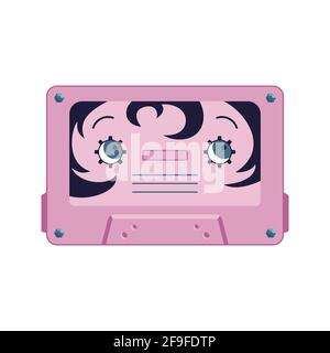 Niedliche rosa Kassette Tape Frau Charakter. Vektordarstellung des alten Musik-Players. Retro-Kassette Cartoon-Illustration isoliert auf weißem Hintergrund. Flacher Stil für Logo, Web, Aufkleber, Drucke, Infografik Stock Vektor