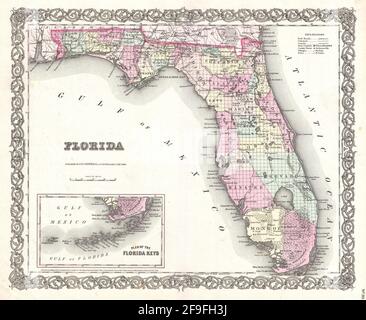 Wunderschöne, handgezeichnete Oldtimer-Karte von Colton von Florida aus dem Jahr 1860 mit wunderschönen, farbenfrohen Karten und Illustrationen von Ländern, Regionen und Ozeanen. Stockfoto