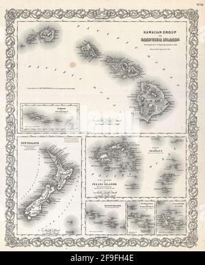Wunderschöne handgezeichnete Oldtimer-Karte von Colton von Hawaii aus dem Jahr 1860 mit wunderschönen bunten Karten und Illustrationen von Ländern, Regionen und Ozeanen. Stockfoto