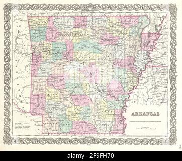 Wunderschöne, handgezeichnete Oldtimer-Karte von Colton von Arkansas aus dem Jahr 1860 mit wunderschönen, farbenfrohen Karten und Illustrationen von Ländern, Regionen und Ozeanen. Stockfoto