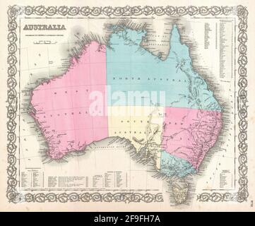Wunderschöne, handgezeichnete Oldtimer-Karte von Colton von Australien aus dem Jahr 1860 mit wunderschönen, farbenfrohen Karten und Illustrationen von Ländern, Regionen und Ozeanen. Stockfoto