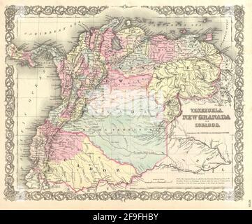Wunderschöne, handgezeichnete Oldtimer-Karte von Colton von Venezuela aus dem Jahr 1860 mit wunderschönen, farbenfrohen Karten und Illustrationen von Ländern, Regionen und Ozeanen. Stockfoto