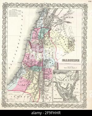 Wunderschöne, im Vintage-Stil gezeichnete, handgezeichnete Colton's Landkarte von Palästina aus dem Jahr 1860 mit wunderschönen, farbenfrohen Karten und Illustrationen von Ländern, Regionen und Ozeanen. Stockfoto