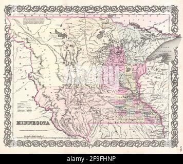 Wunderschöne, handgezeichnete Oldtimer-Karte von Colton von Minnesota aus dem Jahr 1860 mit wunderschönen, farbenfrohen Karten und Illustrationen von Ländern, Regionen und Ozeanen. Stockfoto