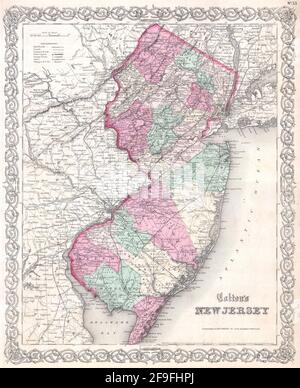 Wunderschöne, handgezeichnete Oldtimer-Karte von Colton von New Jersey aus dem Jahr 1860 mit wunderschönen, farbenfrohen Karten und Illustrationen von Ländern, Regionen und Ozeanen. Stockfoto