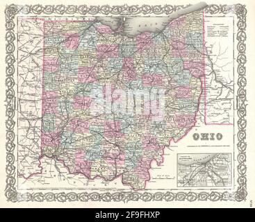Wunderschöne, handgezeichnete Oldtimer-Karte von Colton von Ohio aus dem Jahr 1860 mit wunderschönen, farbenfrohen Karten und Illustrationen von Ländern, Regionen und Ozeanen. Stockfoto
