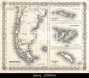 Wunderschöne, im Vintage-Stil gezeichnete Colton's Karte von Patagonien aus dem Jahr 1860 mit wunderschönen, farbenfrohen Karten und Illustrationen von Ländern, Regionen und Ozeanen. Stockfoto