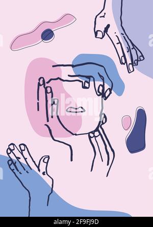 Portrait Gesicht mit Händen Art Skizze in Pastellfarben. Moderne, handgezeichnete Kunstwerke im Boho-Stil. Für Print, Posterwand, Modebranche. Stockfoto