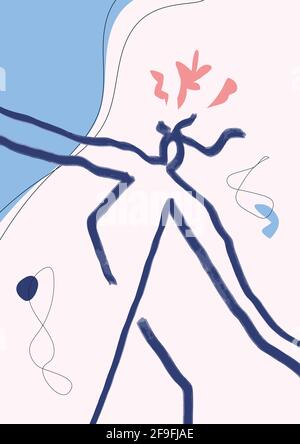 Minimale Menschen gehen Figur zeichnen in blau. Minimalistisches abstraktes Design Kunst. Linie Kunst Silhouette. Formen und Linien mit Pastellfarben im Boho-Stil. Zum Drucken Stockfoto