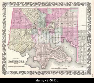 Wunderschöne, von Hand gezeichnete Oldtimer-Karte von Colton von Baltimore aus dem Jahr 1860 mit wunderschönen, farbenfrohen Karten und Illustrationen von Ländern, Regionen und Ozeanen. Stockfoto