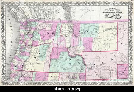 Wunderschöne, handgezeichnete Oldtimer-Karte von Colton von Oregon aus dem Jahr 1860 mit wunderschönen, farbenfrohen Karten und Illustrationen von Ländern, Regionen und Ozeanen. Stockfoto
