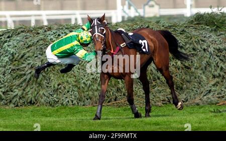 RACING AINTREE 2. TAG 5/5/2002 MARTELL TOPHAM JAGEN APPLE JOHN FÄLLT AUF DAS LETZTE BILD DAVID ASHDOWN.RACING AINTREE Stockfoto