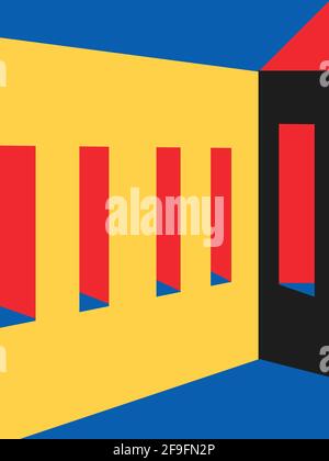memphis und bauhaus abstrakter geometrischer Hintergrundraum mit dreidimensionalem Korridor. Moderne und minimalistische Darstellung des Korridors Stockfoto