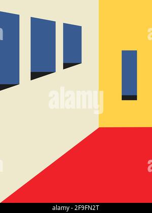 memphis und bauhaus abstrakter geometrischer 3d-Hintergrundraum mit dreidimensionalem Korridor. Moderne und minimalistische Darstellung des Korridors. Mit primärer Spalte Stockfoto