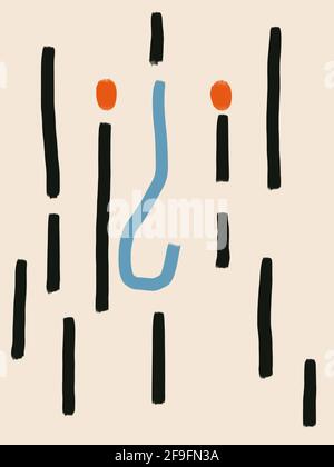 Minimalistisches Gesicht und abstraktes Bauhaus-Design. Trendige und kindliche Kunst für Kinderdekoration. Fröhliche Stimmung. Für die Print- und Poster- und Modeindustrie. Stockfoto