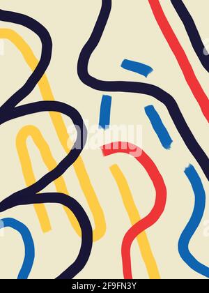 doodle und skizzenhaft ausgewogene Formen und abstrakte Formen mit Primärfarben mit geometrischen Elementen im Bauhaus-, memphis- und Hipster-Stil. Stockfoto