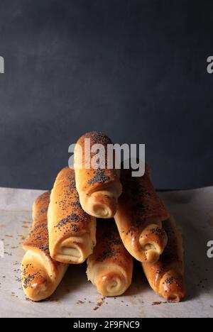 Sticks mit Mohnsamen auf dunklem Hintergrund. Direkt darüber. Speicherplatz kopieren. Stockfoto
