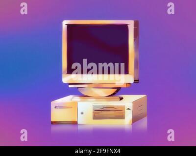 Vintage Desktop-PC mit Diskettenlaufwerk in Neon Lightning. Vintage 90er Illustration Konzept. Vorderansicht. Stockfoto