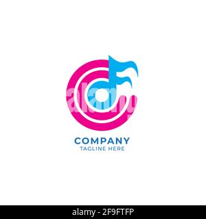 Musiknote mit Buchstabe C Alphabet. Music Wave Logo-Konzept. Hellblau und rosa magenta Farbthema Vektor-Illustration isoliert auf weißem Hintergrund Stock Vektor
