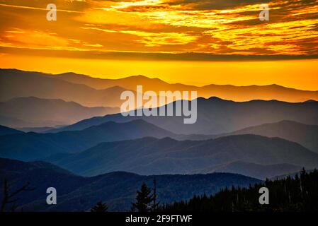 Sonnenuntergang über den Great Smoky Mountains Stockfoto