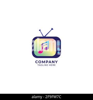 Fernsehen mit ausgestrahlten sechzehnten Noten Vektorgrafik. Buntes Music TV Channel Logo-Konzept isoliert auf weißem Hintergrund. Mehrfarbiger Verlauf. Stock Vektor
