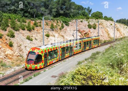 Montpellier, Frankreich - 24. Mai 2015: Tram Tramway de Montpellier öffentliche Verkehrsmittel in Montpellier, Frankreich. Stockfoto