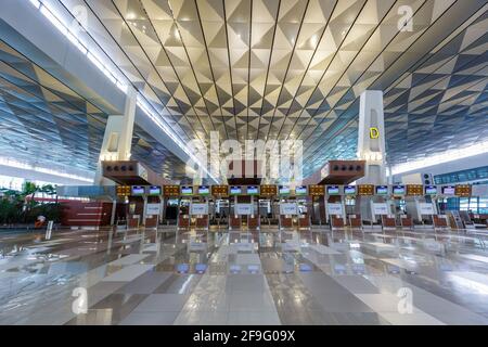 Jakarta, Indonesien - 28. Januar 2018: Terminal 3 Check-in am Flughafen Jakarta Soekarno-Hatta (CGK) in Indonesien. Stockfoto
