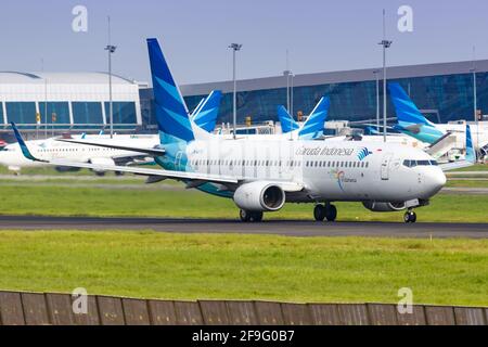 Jakarta, Indonesien - 27. Januar 2018: Boeing 737 von Garuda Indonesia am Flughafen Jakarta Soekarno-Hatta (CGK) in Indonesien. Boeing ist ein Amerika Stockfoto