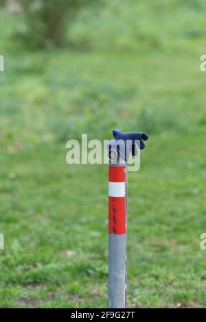 Jemand fand einen verlorenen Handschuh und legte ihn auf eine abnehmbare Parkpfosten alkong eine geschlossene Seitenwange. Grüner Hintergrund, im Herbst. Stockfoto