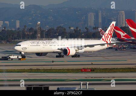 Los Angeles, USA - 20. Februar 2016: Virgin Australia Boeing 777-300 am Flughafen Los Angeles (LAX) in den USA. Boeing ist eine Basis für Flugzeughersteller Stockfoto