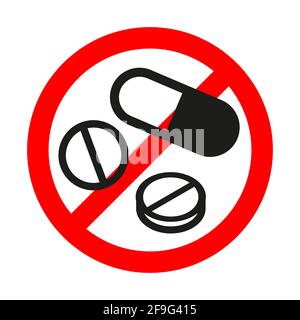 Keine Drogen rot verbotenes Schild mit verschiedenen Pillen isoliert auf Weiß Stock Vektor