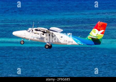 Mahe, Seychellen - 24. November 2017: Flugzeug der Air Seychelles DHC-6-400 am Seychelles International Airport (SEZ) auf den Seychellen. Stockfoto