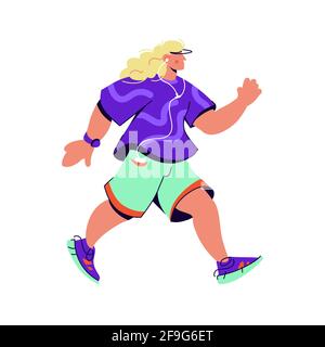 Vektor-Illustration des Laufens starken Sportler mit langen blonden Haaren isoliert auf weißem Hintergrund. Junger Mann tut Übungen Farbe flaches Design. Hand d Stock Vektor