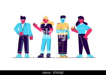 Vektor-Illustration von verschiedenen positiven Farbe weiblichen und männlichen Zeichen auf weißem Hintergrund. Stylische Lebensmode und flache Bilder. Isoliertes ic Stock Vektor