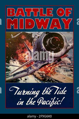 Propagandaposter der USA aus dem 2. Weltkrieg, das die Schlacht von Midway illustriert, den Amerika-Krieg mit Japan „die Wende im Pazifik“. Die Schlacht von Midway war eine große Seeschlacht im Pacific Theatre of World war II, die vom 4. Bis 7. Juni 1942 stattfand, sechs Monate nach dem japanischen Angriff auf Pearl Harbor und einen Monat nach der Schlacht an der Korallensee. Stockfoto