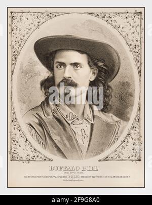 BUFFALO BILL Vintage 1860 Radierungsposter von Buffalo Bill William Frederick Cody. Bekannt als Buffalo Bill, ein amerikanischer Frontsmann und Showman Stockfoto