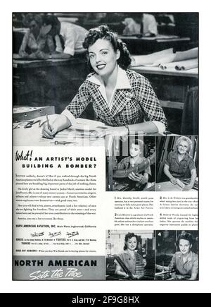 Vintage 1940er Jahre Kriegsarbeit Frauenpropaganda sexistische Presseartikel, die amerikanische Frauen und Kriegsbindungen in der Kriegsarbeit fördern. WAS! Ein Künstler modelliert einen Bomber?' North American Aviation Inc. Baut Bombers Fighters-Fittiners. Nordamerika bestimmt das Tempo Zweiten Weltkrieg Zweiten Weltkrieg Amerika USA Stockfoto