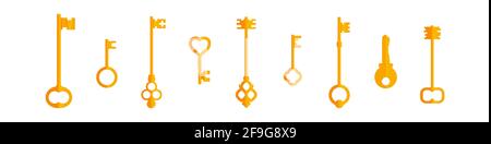 Eine Sammlung von goldenen alten Vintage und modernen Schlüsseln. Satz goldene Schlüssel. Vintage Schlüssel Ikonen Kollektion. Flache Vektorgrafik isoliert auf Weiß. Stock Vektor